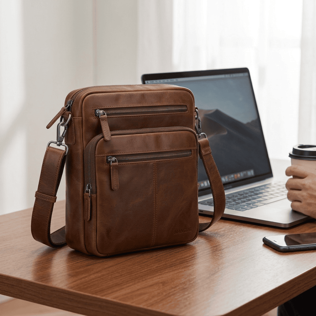 Brown unisex messenger bag with multiple zippered pockets, placed on a wooden desk next to a laptop and coffee cup.