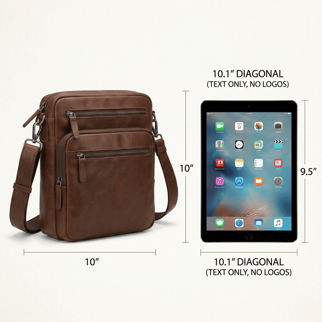 Brown leather unisex messenger bag with multiple zippered pockets, shown alongside an iPad for size reference.