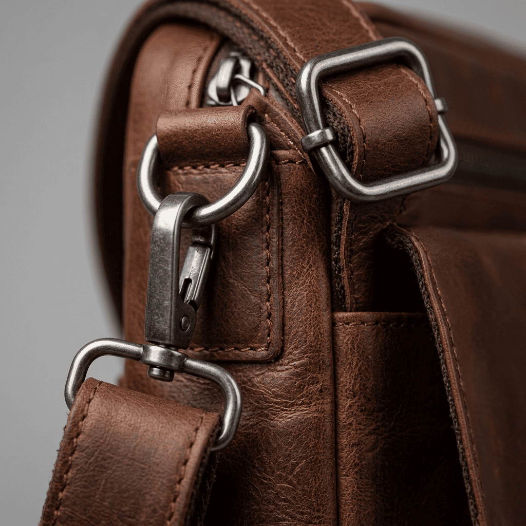 Close-up of a brown leather messenger bag strap attachment with metal hardware, showcasing durability and craftsmanship.