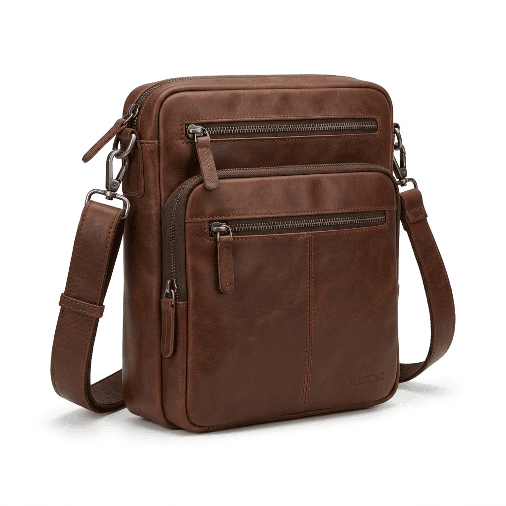 Brown leather unisex messenger bag with dual front zippers and an adjustable shoulder strap. Stylish and functional design.