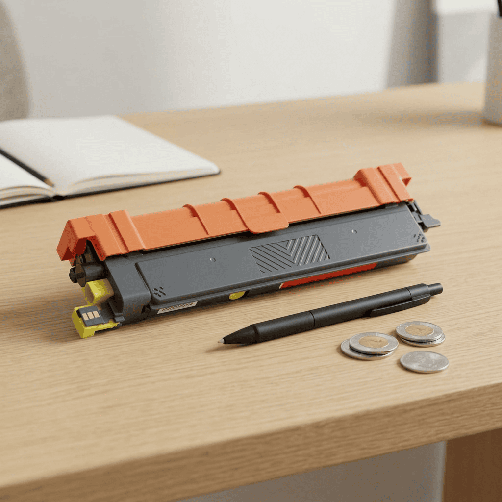 Yellow printer toner cartridge with orange protective cover, black pen, and coins on a desk.