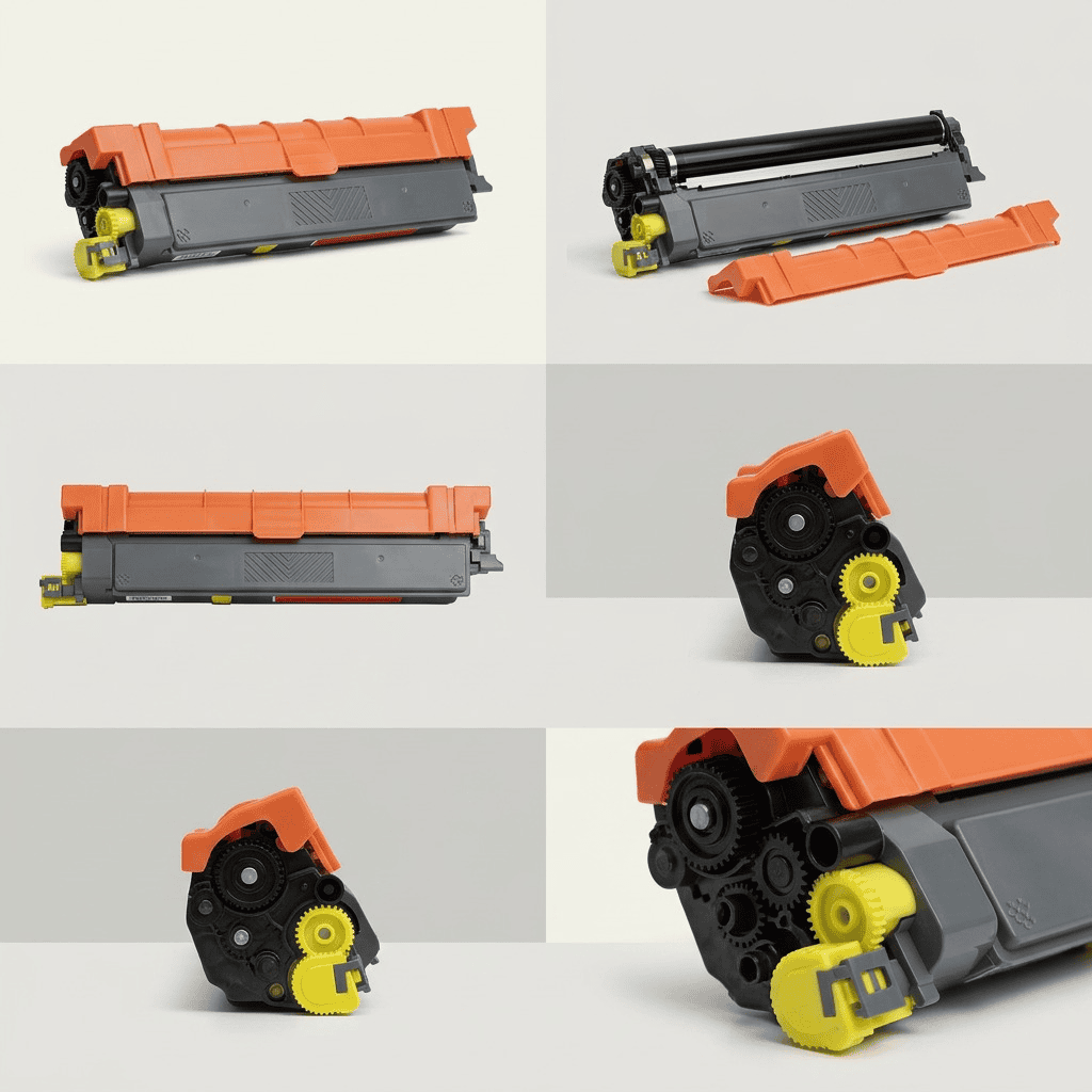 Yellow toner cartridge for Brother printers, shown from multiple angles including side, top, and close-up of gear detail.