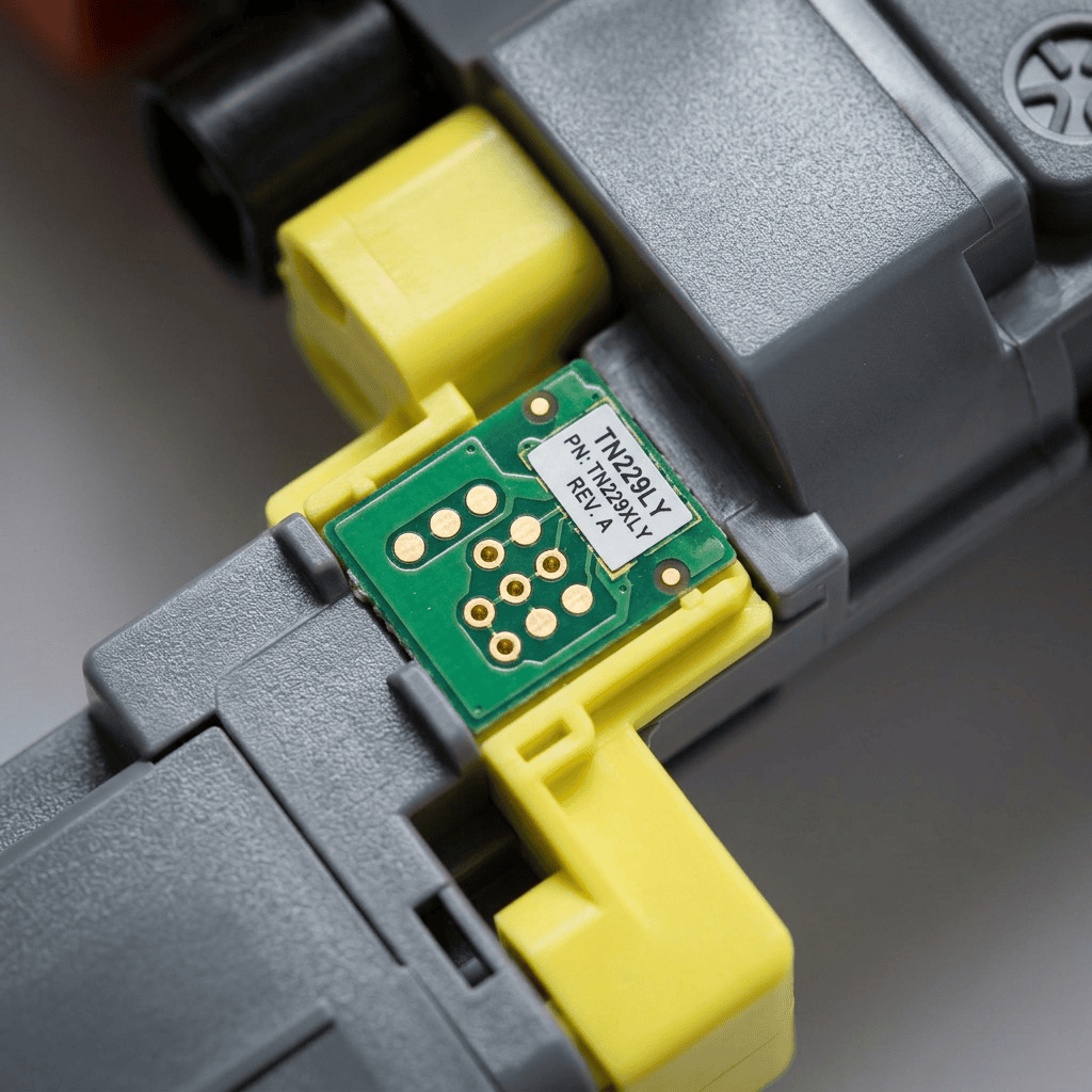 Yellow toner cartridge chip labeled TN229LY TN229XLY with gold electrical contact points on a green circuit board.