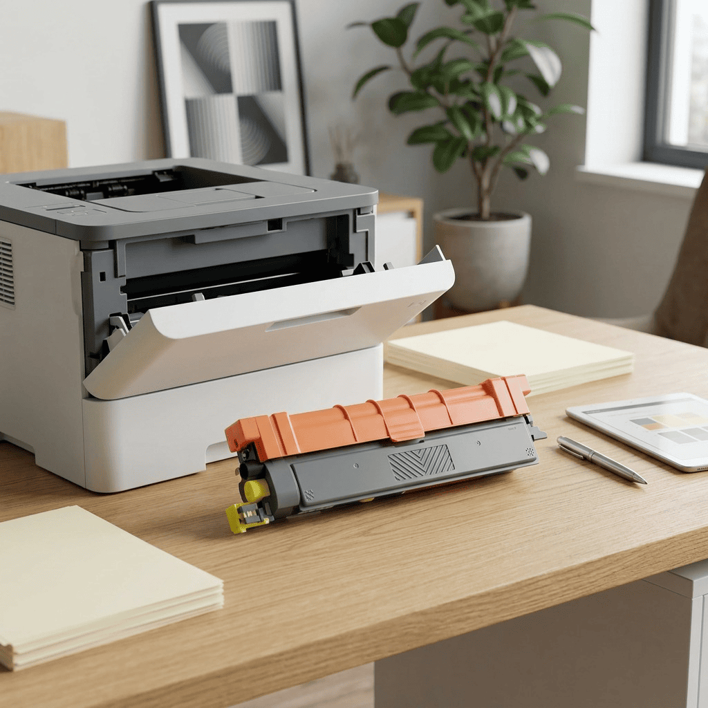 Yellow toner cartridge placed on a wooden desk next to an open Brother laser printer.