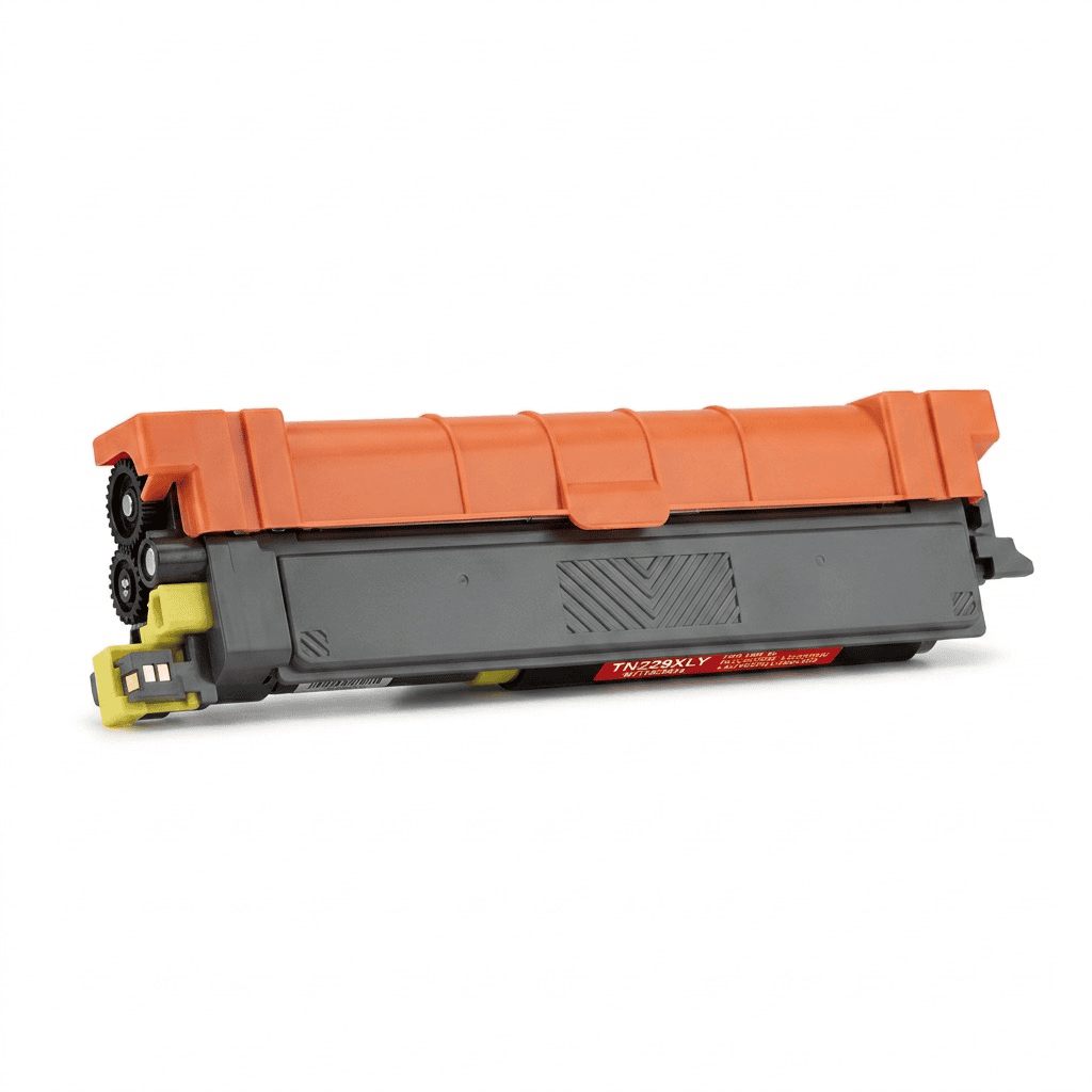 TN229XLY yellow toner cartridge for Brother printers with orange protective cover and black plastic housing.