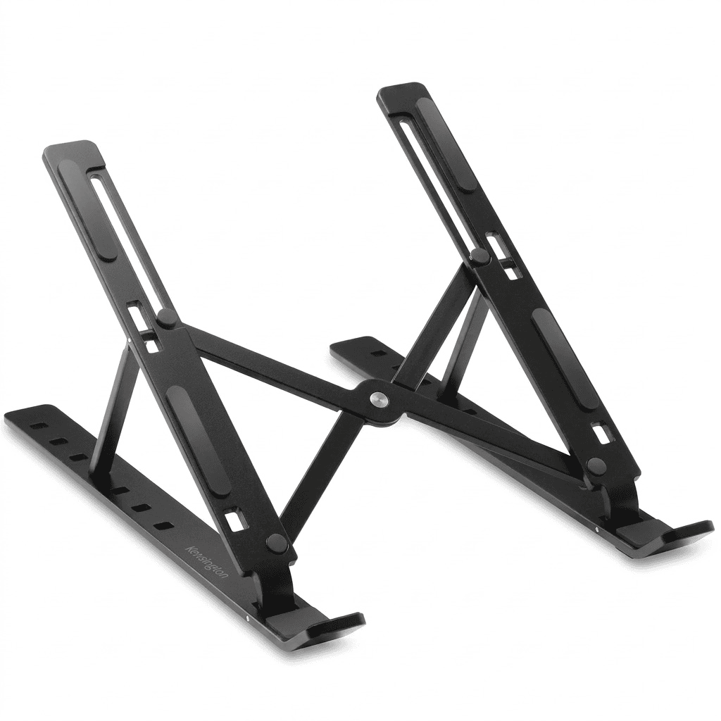 Black collapsible aluminum laptop riser with an adjustable X-frame design and non-slip rubber pads.