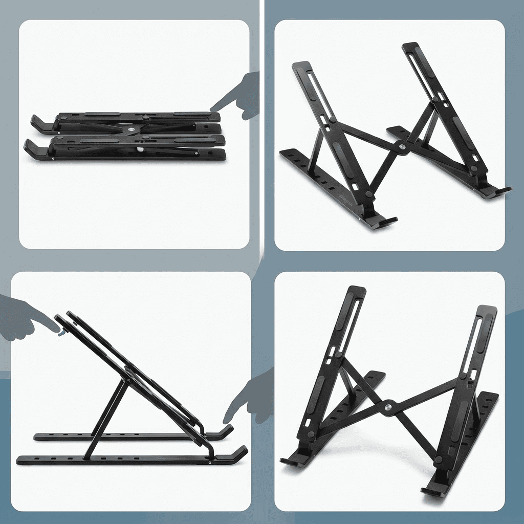 Collapsible black aluminum laptop riser shown in folded and various open, adjustable height positions.