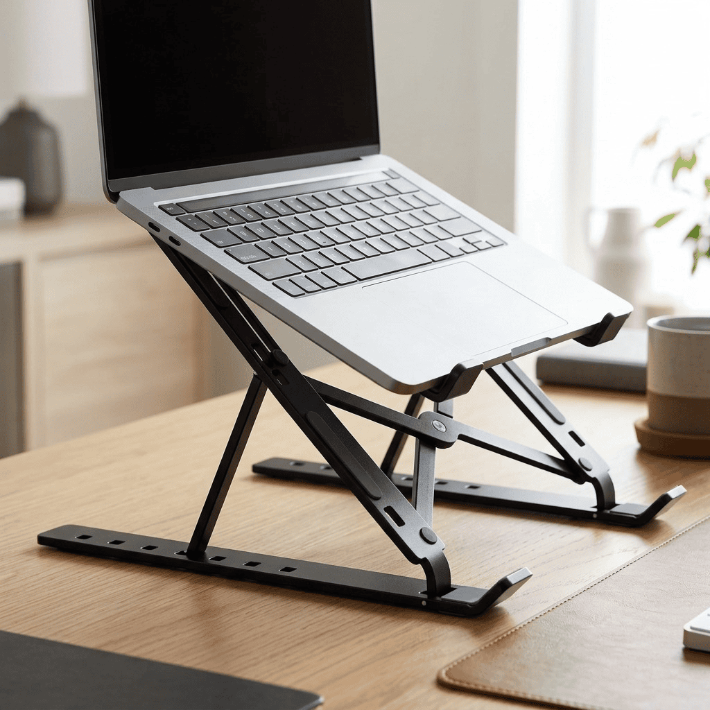 Silver laptop resting on an adjustable black aluminum collapsible riser on a wooden desk.
