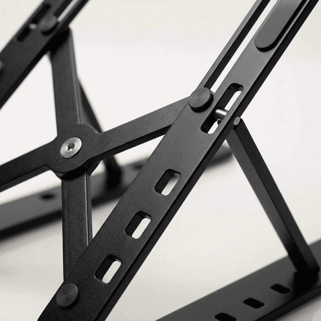 Black collapsible aluminum laptop riser showing adjustable metal frame structure and pivot points.