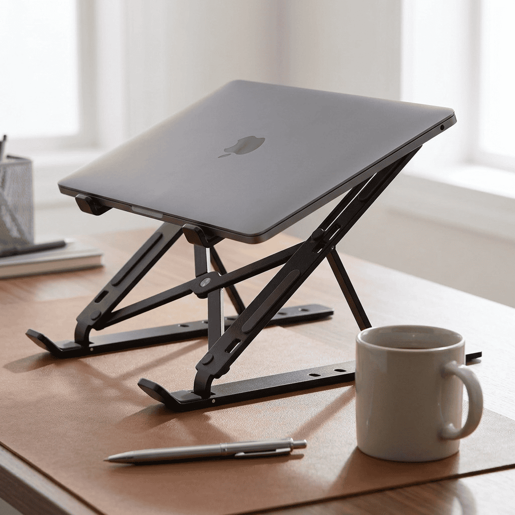 Black collapsible aluminum laptop riser holding a grey laptop on a wooden desk with a coffee mug and pen.
