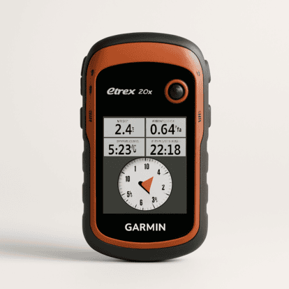 Garmin eTrex 20x GPS navigator displaying navigation data, time, and temperature on a durable, rugged design.
